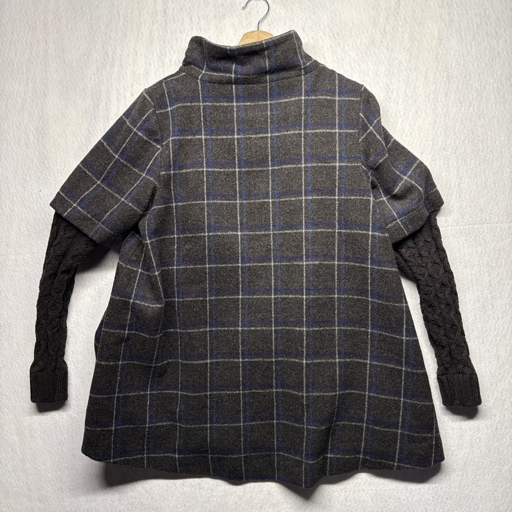 Anthropologie Idra Plaid Wool Blend Coat Cable Knit Sleeves Grey Blue Size 10 - Picture 2 of 16